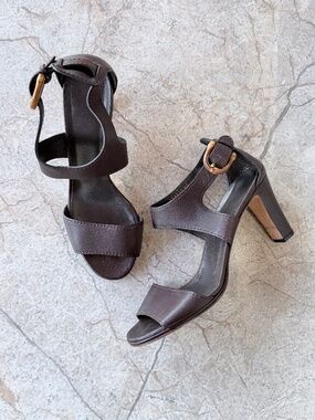 Gucci Lifford Espresso Brown Leather Bamboo Buckle Block Heel Sandals